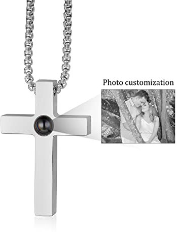 kaululu Personalisiert Foto Projektion Bild Kreuz Kette für Damen Halskette Anhänger Geschenk für Mutter Kinder Paar Weihnachten Valentinstag Geburtstag Silber Schwarz Weiß Foto
