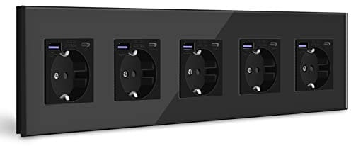 BSEED Schuko Steckdose Mit USB C 20W Schnellladegerät, 5 Fach Einbausteckdose Unterputz, Glas Panel, Geeignet für Phone, Pad, MP3 und Mehr - Schwarz