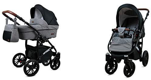 BabyLux Optimal 2-in-1 Baby Kinderwagen Tief und Kinderwagen mit Zubehör Verstellbar und faltbar Aluminium Konstruktion Wasserdicht Nicht abnehmbare Räder Black Coral Black Frame