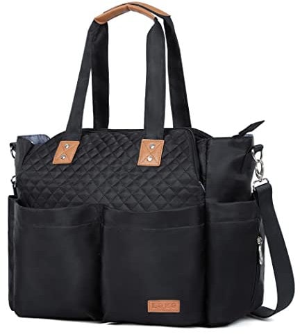 Lekebaby Baby Changing Bag - Large Nappy Bags for Mom and Dad, Stylish Travel Tote with Nappy Changing Mat, Quilted Black