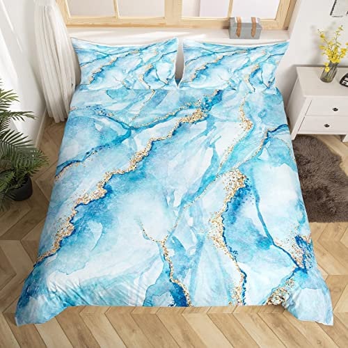 Marbling Duvet Cover Set King Size, White Blue Gold Marble Comforter Cover with 2 Pillowcases, Abstract Stone Texture Bedding Set 3pcs for Kids Boys Bedroom Decor Lightweight Bedspread Cover
