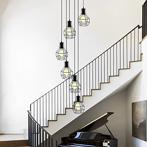 YQGOO Pendelleuchte Schwarz Vintage Treppenhaus Höhenverstellbar Kronleuchter Modern 6-Flammig Hängelampe Esstisch E27 Metall Langer Pendellampe for Wohnzimmer Villa Flurlampe