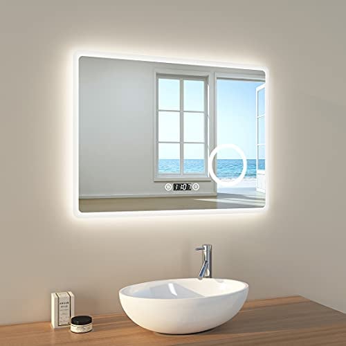 EMKE Badspiegel mit Beleuchtung 90x70cm Badezimmerspiegel mit 3X Kosmetikspiegel+Antibeschlag+Uhr+Kaltweiß Lichtspiegel 6500K+Touch IP44 wandspiegel
