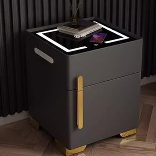 ERICAT Smart Bedside Table with Safe and Countertop Charging, Nightstand for Bedroom with USB Ports, Bed End Table with 3 Colors LED Light, Tempered Glass Top (Color : Dark gray2pc)