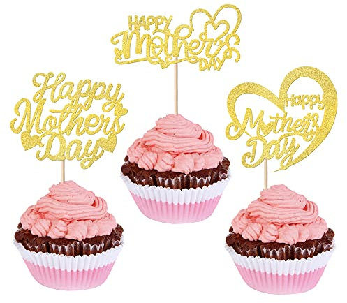 SYKYCTCY 24 Pack Happy Mother's Day Cupcake Toppers Glitter Heart Love You Mom Cupcake Picks Number 1 Mom Cupcake Decorations for Mother's Day Party Cake Decorations Gold