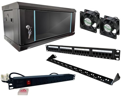 Lockable 6U-450 Network Data Server Wall Mount Cabinet KIT,Home, Office, Server Room Computer Equipment +1U 6way UK Power Distribution Unit PDU, 1U UTP Port-24 CAT6A, 2 x UK Plug Cooling Fan