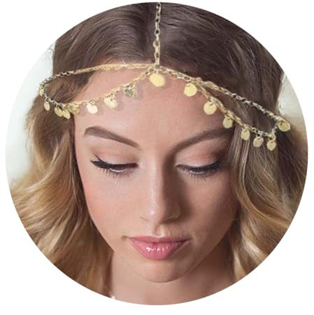 Wahrsagerin Kostüm Damen,Kostüm Wahrsagerin Boho Head Chain Gold Chain Beads Headpiece Bridal Prom Costume Hairstyle Accessoire für Frauen und Mädchen Kopfkette Gold