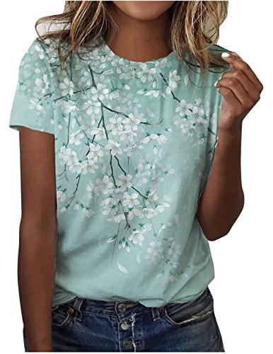 HSUAYEUD Ladies Summer Tops for Women UK Casual Print Short Sleeve Tops Crew Neck Blouse and Shirts Loose Fit Women T-Shirts Green XL