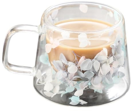 Kaxenig Tasse En Verre À Double Paroi De Fleurs Séchées, 250 ML Tasse À Expresso En Verre De Fleur Isolée, Tasses À Café En Verre Avec Poignée, Pour Jus De Thé Cappuccino
