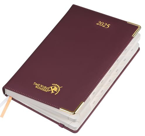 POPRUN Kalender 2025 Tagesplaner A5 Hardcover 21,5 x 14,5 cm (Jan.2025-Dez.2025), Tageskalender 1 Tag 1 Seite (Montag - Sonntag) mit PU-Leder, Monatliche Registerkarten - Weinrot
