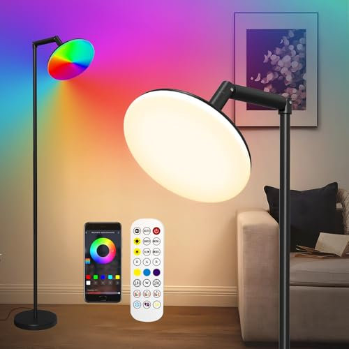 Hzitcigm LED Stehlampe Deckenfluter, Dimmbar LED Stehleuchte Wohnzimmer RGB Deckenfluter mit Fernbedienung, Helligkeit und Beleuchtungswinkel Einstellbar Moderne Standleuchte für Wohnzimmer, Büro