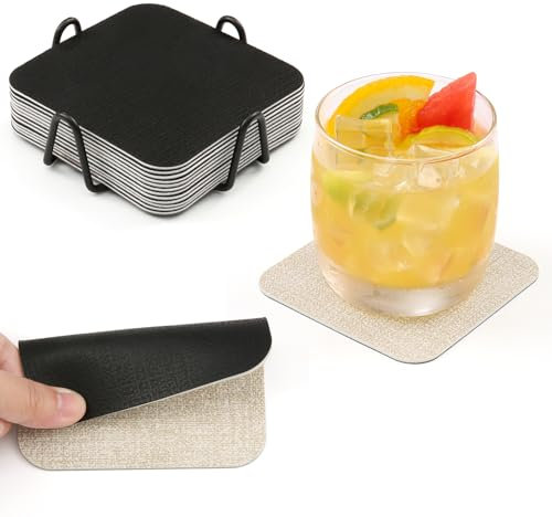 Chitomars Lot de 12 Dessous de Verres avec Support, Double Face Lavable sous Verres Simili Cuir Antidérapant Originaux Dessous de Verres pour Café, Boissons, Bière Tasses (Crème Noir, Lot de 12)