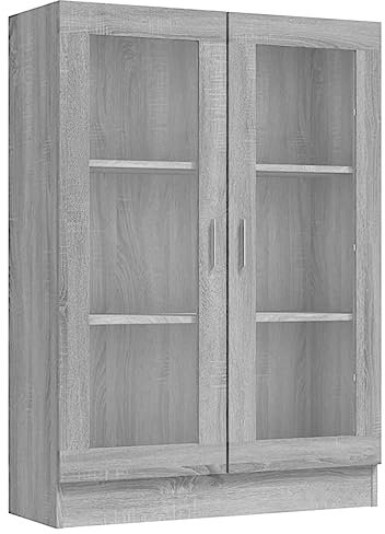 Hommdiy Vitrinenschrank Wohnzimmer,Glas Vitrine Hochglanz mit Glastüren Grau Sonoma 82,5x30,5x115 cm Holzwerkstoff