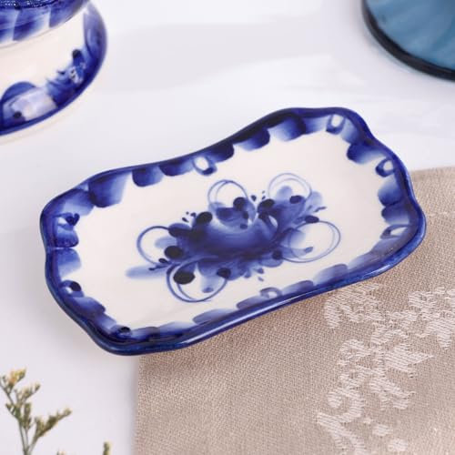 AEVVV Plato de porcelana pintado a mano, estilo Gzhel, 4.3 x 2.8 pulgadas, patrón floral, azul y blanco, vajilla elegante, utensilios de cocina decorativos, arte popular ruso, plato para servir