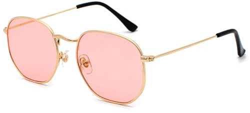 RUNHUIS Retro Polygon Sonnenbrille für Damen und Herren, Modische Quadratische Brille, Ultraleichter Metallrahmen (Gold/Rosa)
