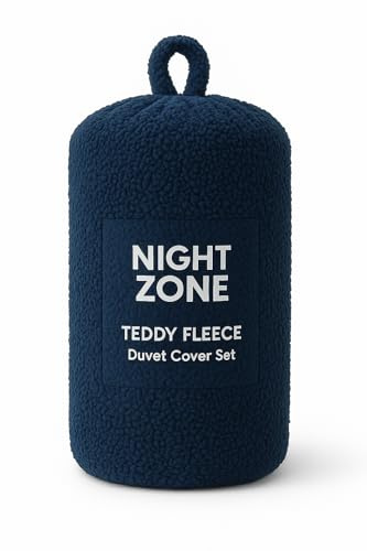 NIGHTZONE Teddy Fleece Duvet Cover Set With Pillow Case Thermal Fleece Warm Cosy Soft Fur Teddy Bedding Duvet Cover Set (Navy, Single)