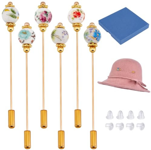 BENECREAT 6-teilige Hutnadel aus Porzellan, Vintage-Sicherheitsnadeln, Broschen aus Porzellan mit Pflanzenmotiven, Broschennadel für Krawatte, Schal, Western-Cowboyhüte, Haarschmuck, 71 mm