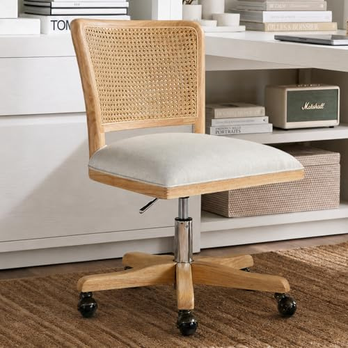 HULALA HOME Swivel Desk Chair with Rattan Back and Solid Wood Base, Linen