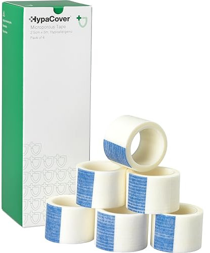 HypaCover 2.5cm x 5m Microporous Medical Tape, Hypoallergenic, Pack of 6 - Surgical Tape Suitable for Securing Dressings and Bandages, Sports Taping, Covering Earrings and Labelling