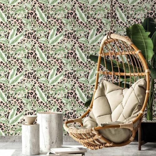 SOPHIE LAURENCE Pink Tropical Leaf Wallpaper Leopard Print Metallic Gold Shimmer Feature Wall, Smooth Finish Vinyl Wall Panels for Lounge, Bedroom, Study Washable, Strippable, Non-Pasted (Full Roll)