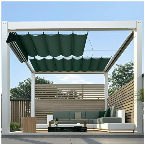 Couverture de Parasol Rétractable Toile d'ombrage Coulissante Voile d'ombrage à Vagues, Pare-Soleil Rétractable pour Pergola, Toile d'ombrage à Vagues pour l'extérieur,Dark Green,4x4m