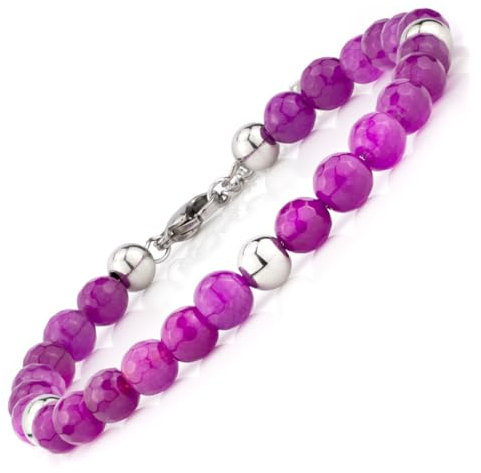 SAGA GIOIELLI Bracciale Uomo - Donna Acciaio - Unisex, Pietre Naturali 5 mm e sfere in acciao inox Lunghezza 17,5+ 3 cm - Confezione regalo (giada fucsia)