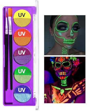 Kit Maquillage Fluo 10 Couleurs : Peinture Corps Fluorescente base eau + 2 pinceaux. Professionnelle Peinture Corporelle pour Accessoires Néon & Essentiels Festivals. (#1, 11g)