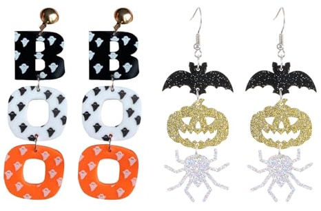 Halloween Ohrringe, BOO Ghost Ohrringe Damen, Halloween Schmuck für Frauen und Mädchen, 2 Paar mit Punkten, Acryl Material, Perfekt für Party und Kostüm Accessoires