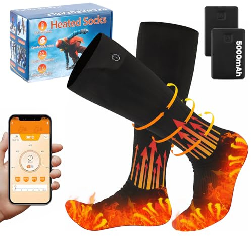 Heated Socks for Men Women, Rechargeable Heated Socks with 5000mAh Battery, Electric Socks Thermal App Control with 4 Heating Levels and Timing for Winter, Skiing, Hiking, Camping, Fishing, Cycling