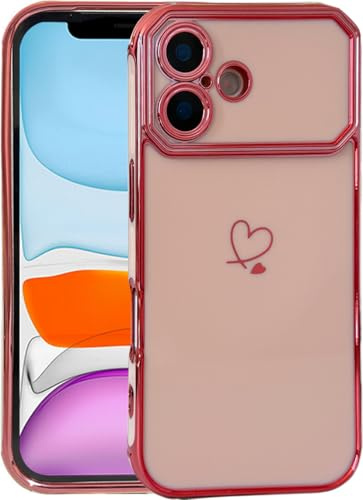Skyhewen iPhone 16 Case for Women Girls, Flexible Soft TPU Silicone Protective Phone Cover with Love Hearts Pattern Plated Gold Frame Shockproof Bumper Case for iPhone 16, Pink