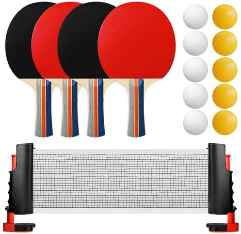Tischtennis Set, 40 * 30 * 6.5cm Tischtennisschläger Set, Tischtennisschläger Set Profi, Profi Tischtennis-Set für Familie und Mehrspieler, 4 Tischtennis, 10 Bälle & 1 Netz, Yangholz, Hochwertiges