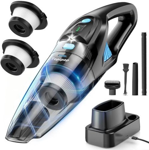Topipop Aspirateur à Main sans Fil, 25000Pa avec Station de Charge | 3 Embouts, batterie 8000mAh, filtre HEPA lavable, LED, pour la maison, la voiture, les poils d'animaux, Noir