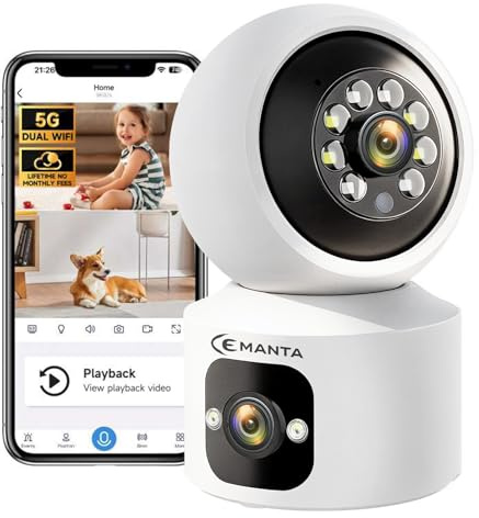 CEMANTA 4MP Überwachungskamera für den Innenbereich, Kein Abonnement, Dual-Objektiv Baby & Haustier, 2,4/5GHz WLAN, 360° PTZ, 2-Wege-Audio, Farb-Nachtsicht, KI-Bewegungserkennung, Kompatibel mit Alexa