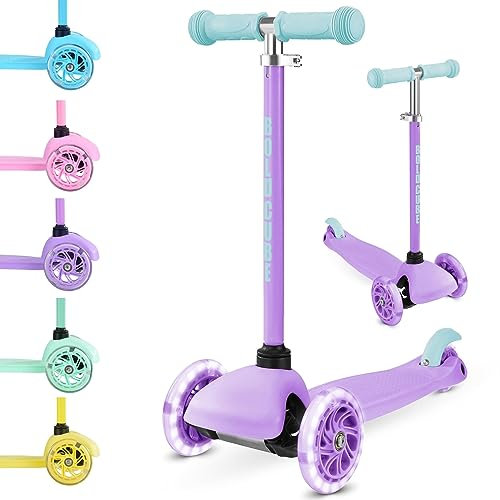 BOLDCUBE Teeny | 3 Wheel Lilac Scooter for Kids & Toddlers Ages 3-6 Years | Flashing Wheels | Height Adjustable 53 to 70 cm | My First Scooter