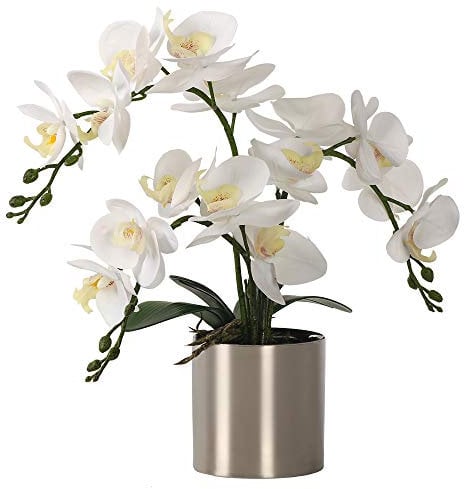 LESING Artificial Orchid Flower with Vase, White Orchid Bonsai Faux Orchid Phalaenopsis Plant Pot Arrangements for Home Decoration (White,Silver Vase)