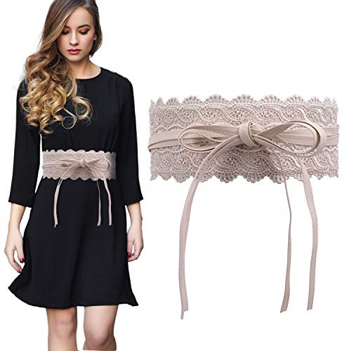 Trimming Shop Damen Taillengürtel Hohl Spitze Obi Gürtel Fliege Wrap Around PU Leder Cinch Bowknot Bund für Hochzeitskleider, tägliches Tragen, 100 mm breit, Breiter Schleifenbund, Elfenbein