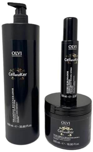 Champú, mascarilla y sublimador de células madre vegetales y Queratina Olvi. Reparador del envejecimiento capilar