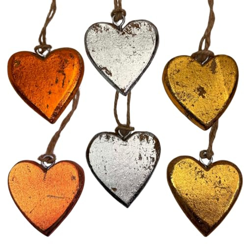 6er Set Holz Herzen 5 cm Metalleffekt in Silber, Bronze & Gold Shabby Chic | Juteband Aufhängung, Vintage Look, Massivholz lackiert, handgefertigte Unikate, Geschenkanhänger, DIY Projekte, Hochzeit Deko