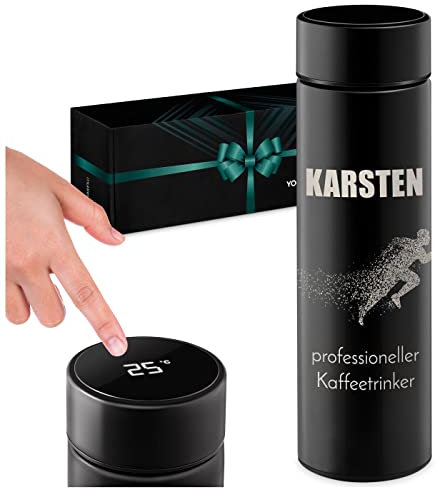 Maverton Thermobecher Kaffeebecher 450 ml - Isolierbecher personalisiert - 100% dicht - Led Temperatur Anzeige - aus Edelstahl - Weihnachtsgeschenke - Geschenk für Männer - schwarz - Los