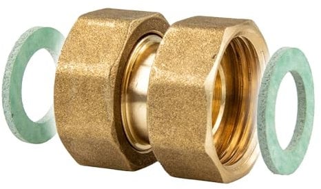 tecuro Verschraubung mit beidseitig drehbaren Überwurfmuttern, 3/4 x 1 Zoll, flachdichtend, Innengewinde Rp, DVGW zugelassen, Messing CW617N