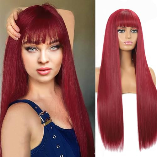 Sylhair Rote Farbe Lange Glatte Perücke mit Pony 76 cm/30 Hitzebeständige Synthetische Glattes Haar Perücken für Frauen Haarersatz Perücken