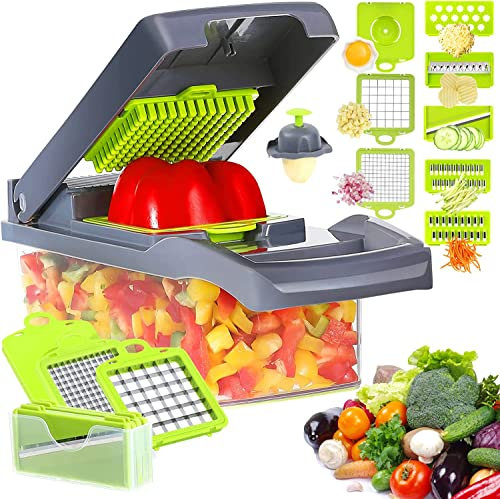 JOMBOFUN Hachoir à légumes multifonction 12 en 1, hachoir à oignons à 7 lames, coupe-légumes, râpe, mandoline avec récipient, gadgets de cuisine gain de temps (Gris)