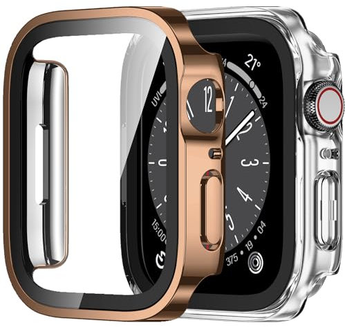 Amizee 2 Pack Funda Compatible con Apple Watch Serie 9/8/7 45mm con Protector de Pantalla Cristal Templado, Carcasa HD Ultra-Thin Anti-Rasguños para iWatch Serie 9 8 7 45mm (Oro Rosa/Transparente)