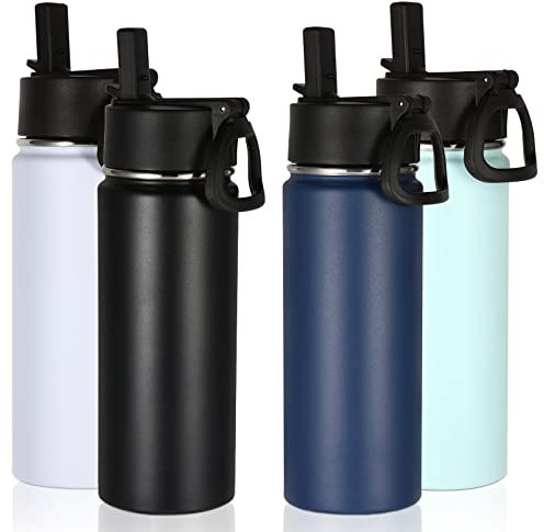 Volhoply 530ml 18oz Insulated Water Bottle Bulk 4 Pack, Kids Stainless Steel Water Bottles with Straw Lid, Reusable Metal Wide Mouth Sports Flask Keep Hot and Cold (Mix,4 Pack)