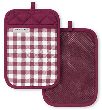 KitchenAid Gingham Pot Holder 2-Pack Set, Beet, 7x10