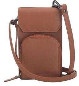 Josephine Osthoff Handy Umhängetasche mit Vortasche für Kopfhörer, handgemacht aus 100% Echtleder, Crossbody Schultergurt, 4 Kartenfächer, Farbe:caramel