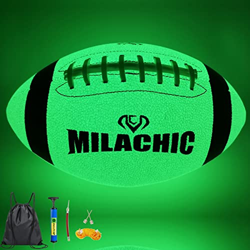 MILACHIC Football Glow in The Dark Football Size 9 & Youth Size 6, Luminous Glowing Football Super Grip Composite Leather Football Balls with Pump and Ball Carry Bag
