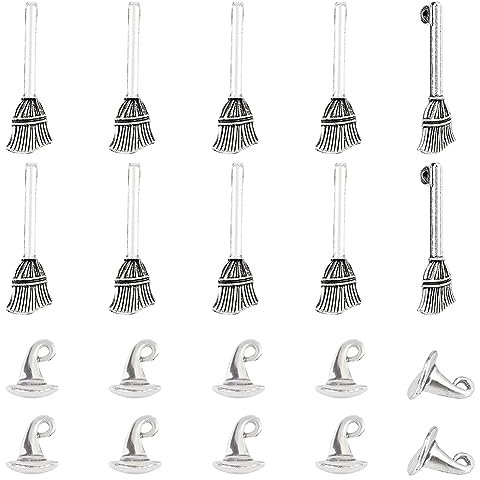 SUPERFINDINGS 140 Stück Hexenhut Und Besen Schmuck Anhänger Tibetischer Stil Halloween Themen Stil Halskette Dekoration Für DIY Ohrringe Armband Schmuckzubehör