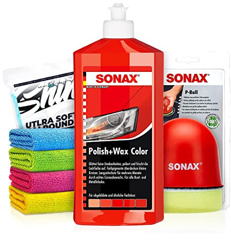 Politurset: SONAX Polish+Wax Color rot (500 ml) Auto Politur mit roten Farbpigmenten und Wachsanteilen + Applikator + Mikrofasertücher | mühelos und schnell zum perfekten Polierergebnis | 6-Teilig