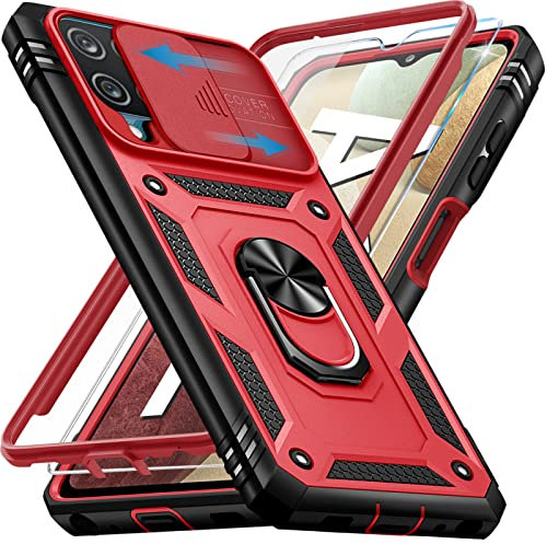 Giyer für Samsung Galaxy A12 Hülle mit Schutzfolie, Handyhülle Galaxy A12 5G mit Kameraschutz Kartenschlitz 360° Metall Ring Ständer Stoßfest Bumper Schutzhülle Samsung A12 6.5 Case Cover (Rot)